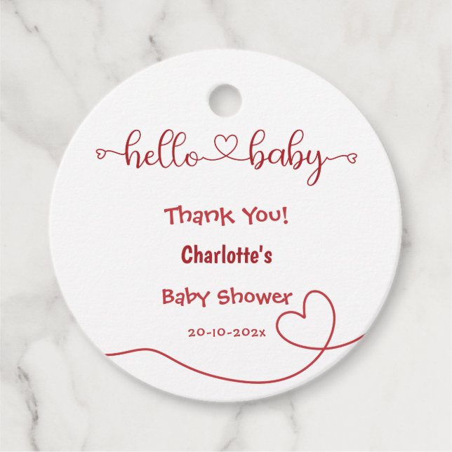 Hello Baby Red Heart Minimal Baby Dusche Geschenkanhänger (Vorderseite)