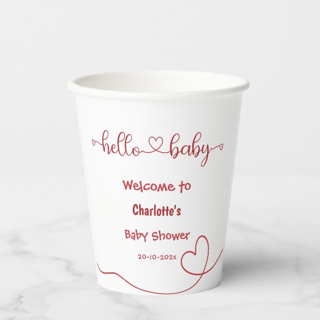 Hello Baby Red Heart Minimal Baby Dusche Pappbecher (Vorderseite)