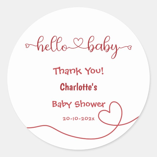 Hello Baby Red Heart Minimal Baby Dusche Runder Aufkleber (Vorderseite)