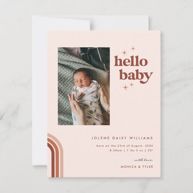Hello Baby | Retro Boho Birth Ankündigung (Vorderseite)