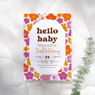 Hello Baby Retro Daisy Orange & Lila Baby Dusche Einladung