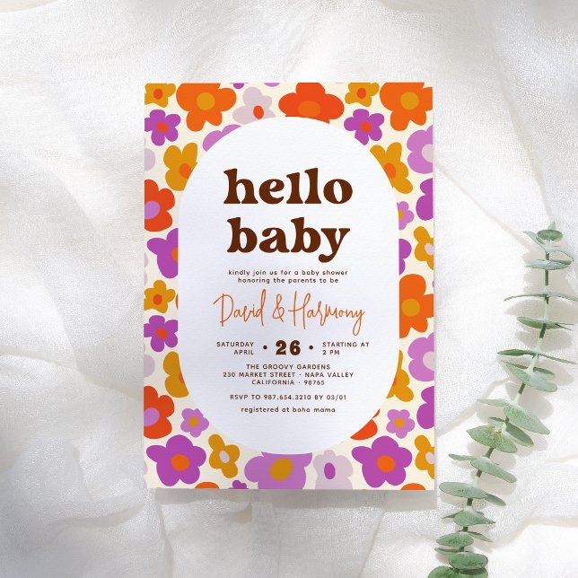 Hello Baby Retro Daisy Orange & Lila Baby Dusche Einladung (Von Creator hochgeladen)