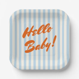 Hello Baby Retro Orange Blue Stripes Baby Dusche Pappteller