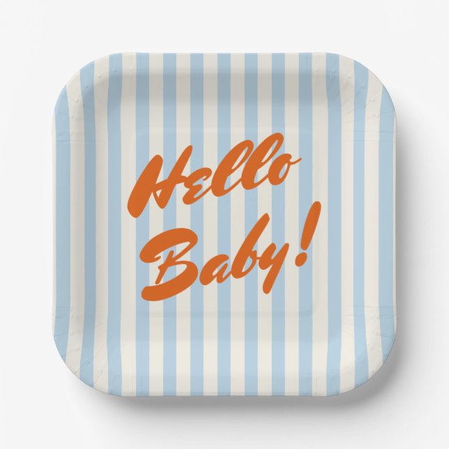 Hello Baby Retro Orange Blue Stripes Baby Dusche Pappteller (Vorderseite)