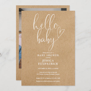 Hello Baby Rustic Kraft Foto Baby Dusche Einladung