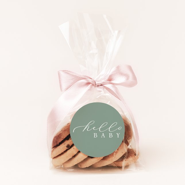Hello Baby Sage Minimalistisch Script Baby Dusche Runder Aufkleber (Von Creator hochgeladen)