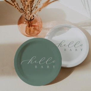 Hello Baby Sage Script Minimalistisch Baby Dusche Pappteller