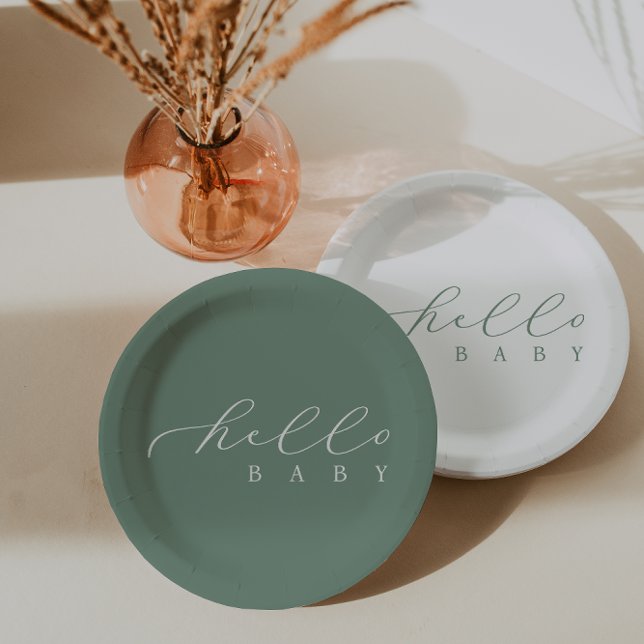 Hello Baby Sage Script Minimalistisch Baby Dusche Pappteller (Von Creator hochgeladen)