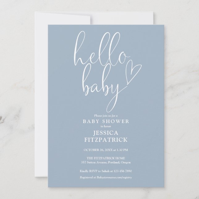 Hello Baby Script Dusty Blue Boy Baby Shower Einladung (Vorderseite)