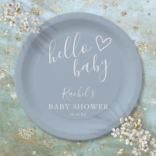 Hello Baby Shower Baby Boy Dusty Blue Niedlich Hea Pappteller (Hello Baby Shower Baby Boy Dusty Blue Cute Heart Paper Plates)