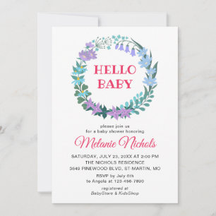 Hello Baby Shower Floral Wreath Bluebells Lilac Einladung