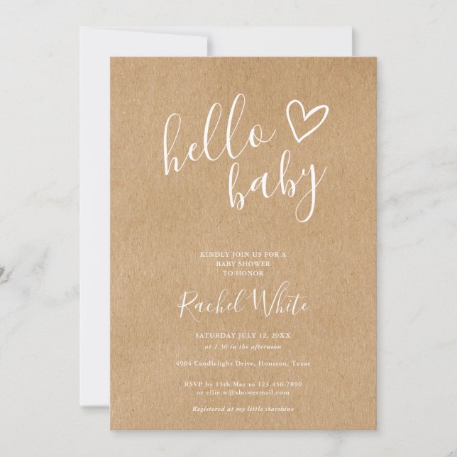 Hello Baby Shower Gender Neutral Rustic Kraft Einladung (Vorderseite)