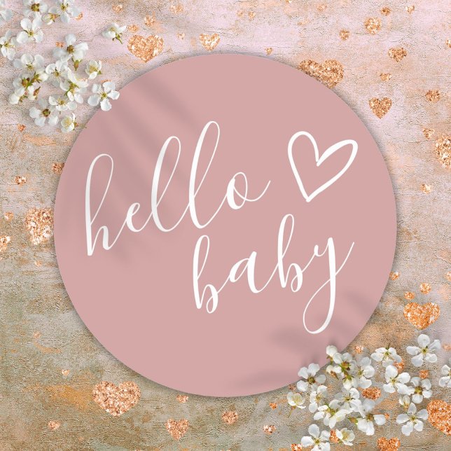 Hello Baby Shower Girl Dusty Rose Niedliches Herz Runder Aufkleber (Hello Baby Shower Girl Dusty Rose Cute Heart Classic Round Sticker)