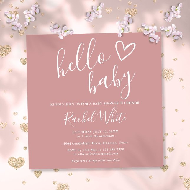 Hello Baby Shower Girl Dusty Rose Rosa Niedliches  Einladung (Hello Baby Shower Girl Dusty Rose Pink Cute Heart Invitation)
