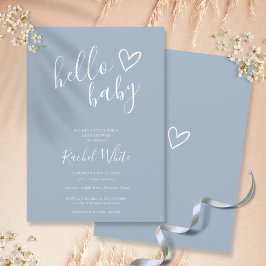 Hello Baby Shower Heart Dusty Blue Minimalistisch Einladung