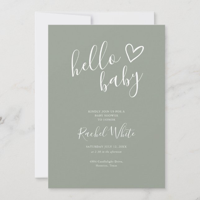 Hello Baby Shower Neutral Sage Green QR Code Einladung (Vorderseite)