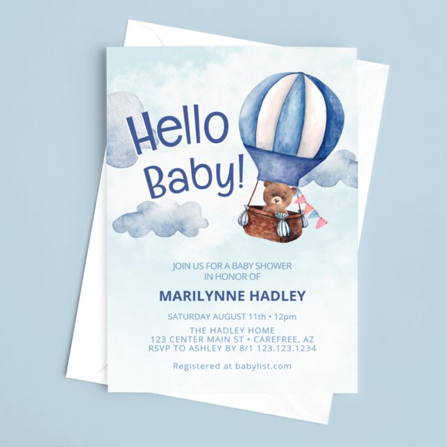 Hello Baby Teddy Bear Blue Dusche Einladung (Von Creator hochgeladen)