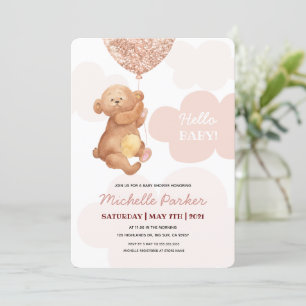 Hello Baby Teddy Bear Pink Clouds Baby Dusche Einladung