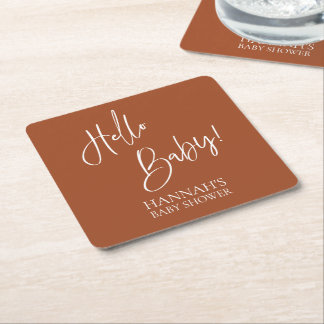 Hello Baby Terracotta Earthy Boho Baby Dusche Rechteckiger Pappuntersetzer