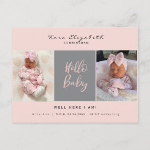 Hello Baby Two Foto Girl Baby Pink Birth Ankündigungspostkarte