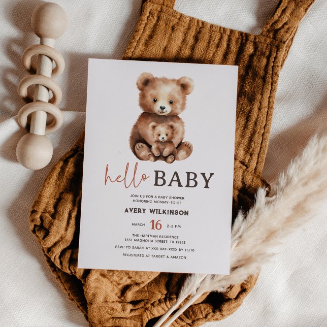 Hello Baby Watercolor Bear Woodland Baby Dusche Einladung (Von Creator hochgeladen)