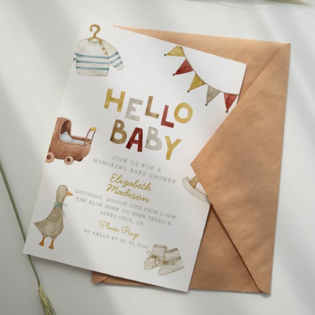 Hello Baby Watercolor Kleidung & Toys Kinderdusche Einladung (Von Creator hochgeladen)