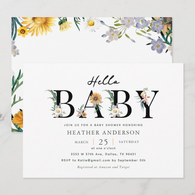 Hello Baby Wildblume Girl Baby Shower Einladung (Vorne/Hinten)
