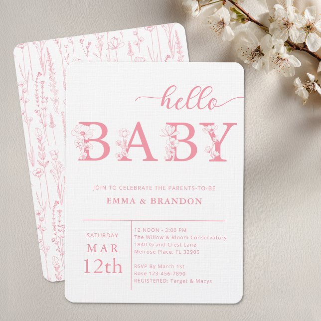 Hello Baby Wildflower Baby Shower Invitation Einladung (Pink Floral Baby Shower Invitation - Hello Baby)
