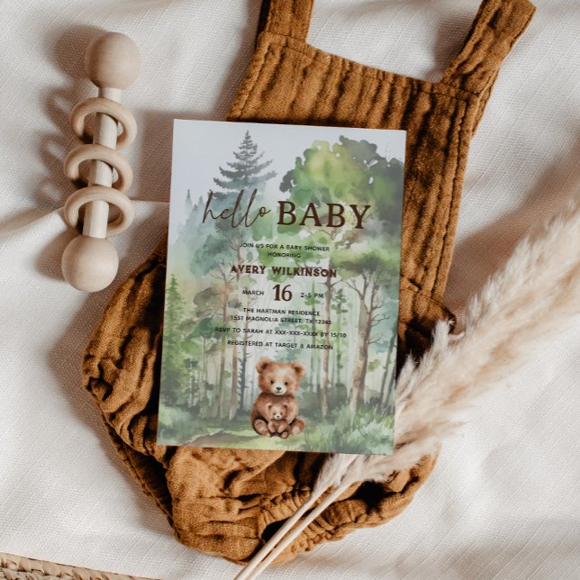 Hello Baby Woodland Bear Baby Dusche Einladung (Von Creator hochgeladen)