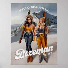 "Hello Beautiful Bozeman" Retro Pinup Skipass Poster