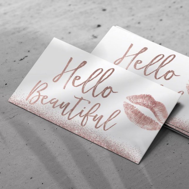 Hello Beautiful Makeup Artist Rose Gold Typografy Visitenkarte (Von Creator hochgeladen)