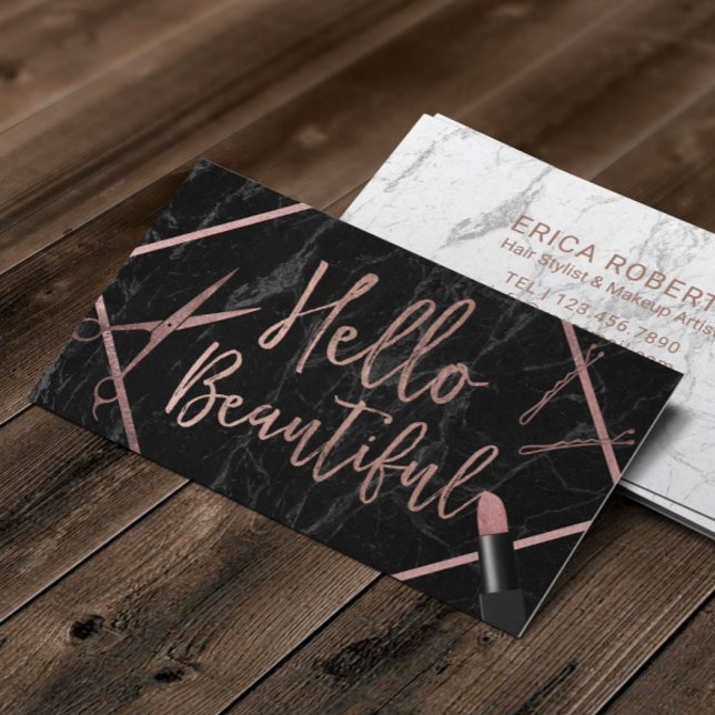 Hello Beautiful Rose Gold Script Marble Salon Visitenkarte (Von Creator hochgeladen)