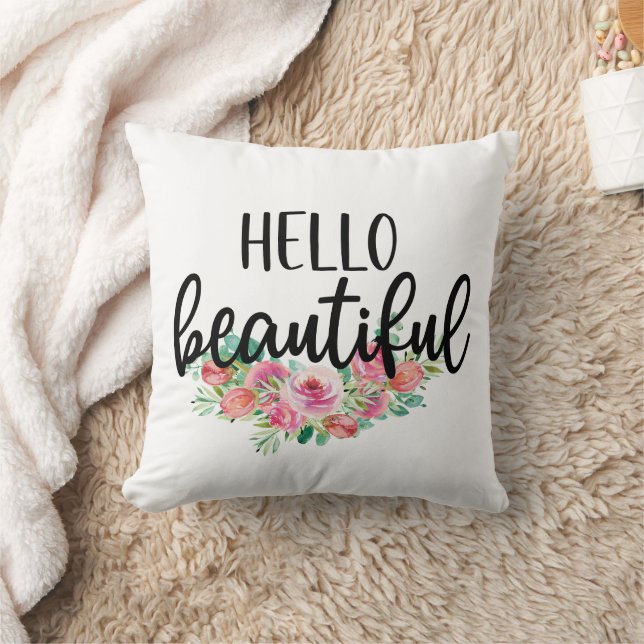 Hello Beautiful Watercolor Rose Typografie Chic Kissen (Decke)