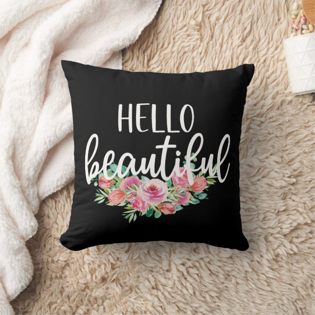 Hello Beautiful Watercolor Rose Typografie Chic Kissen (Decke)