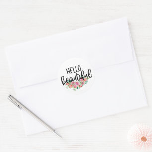 Hello Beautiful Watercolor Rose Typografie Chic Runder Aufkleber