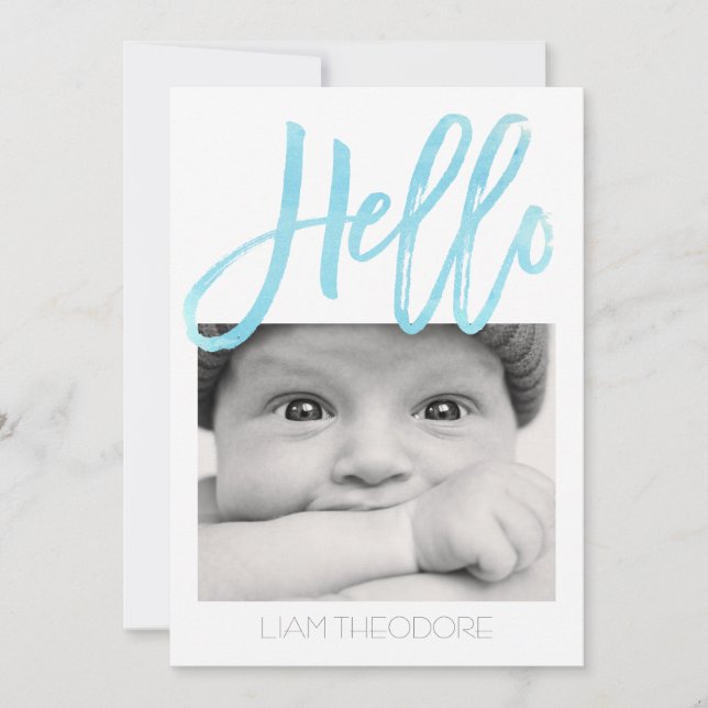 Hello Blue Watercolor 3-Foto | Geburtsankündigung Ankündigung (Vorderseite)
