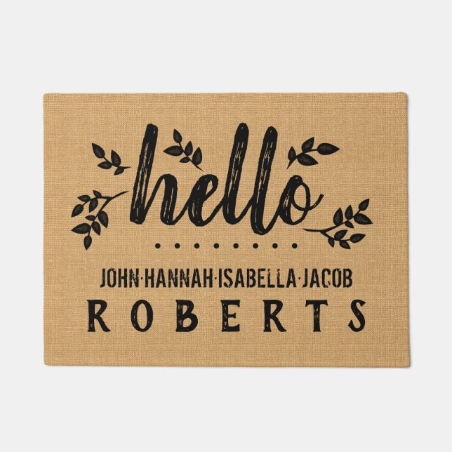 Hello Burlap Leaf Farmhouse Feedsack Personalisier Fußmatte (Vorderseite)