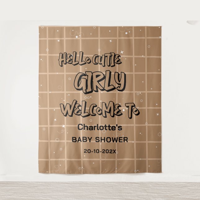 Hello Cutie Girly Cute Brown Gingham Baby Backdrop Wandteppich (Vorderseite)