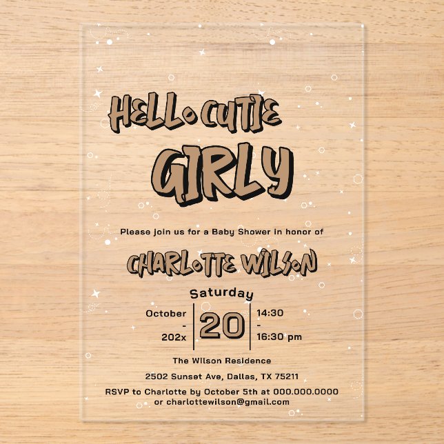 Hello Cutie Girly Cute Brown Gingham Baby Shower Acryleinladungen (Vorderseite)