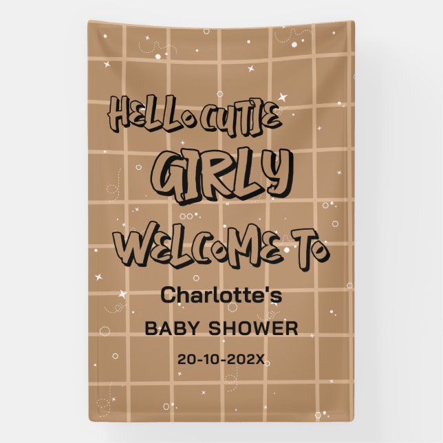 Hello Cutie Girly Cute Brown Gingham Baby Shower Banner (Vertikal)