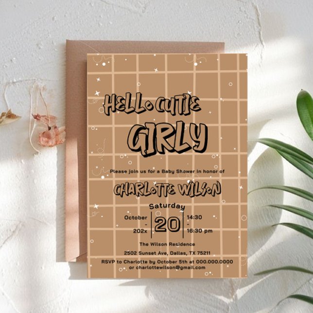Hello Cutie Girly Cute Brown Gingham Baby Shower Einladung (Von Creator hochgeladen)