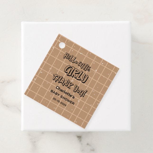 Hello Cutie Girly Cute Brown Gingham Baby Shower Geschenkanhänger (Beispiel)
