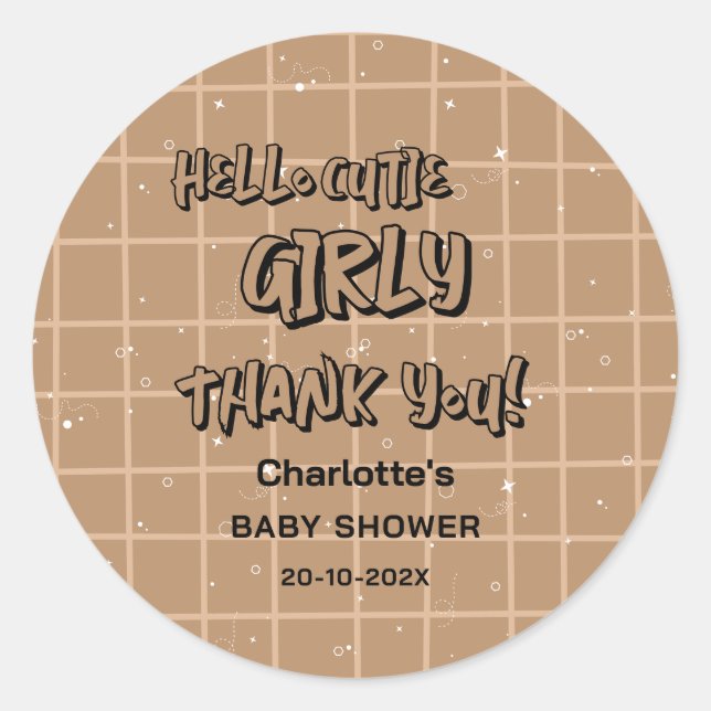 Hello Cutie Girly Cute Brown Gingham Baby Shower Runder Aufkleber (Vorderseite)