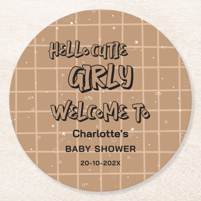 Hello Cutie Girly Cute Brown Gingham Baby Shower Runder Pappuntersetzer (Vorderseite)