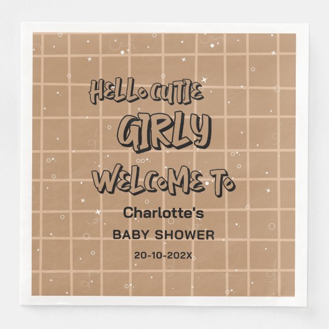 Hello Cutie Girly Cute Brown Gingham Baby Shower Serviette (Vorderseite)