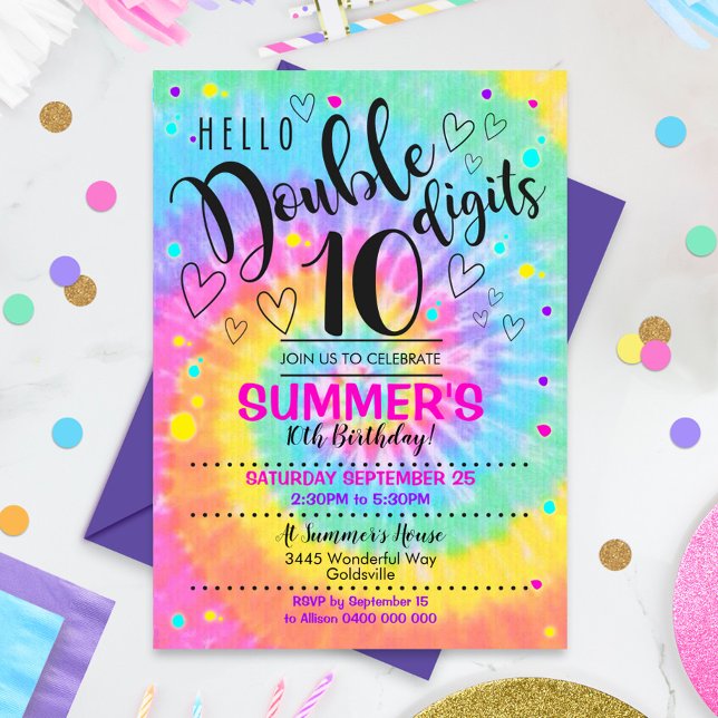 Hello Double Digits Party Einladung Gefärbte Krawa (Hello Double Digits Party Invitation)