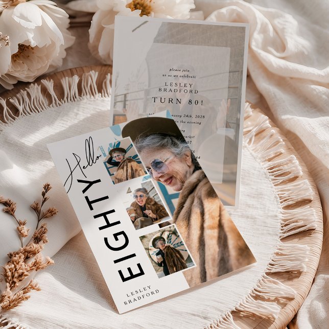 Hello EIGHTY' Modern Photo Collage 80th Birthday Einladung (Von Creator hochgeladen)