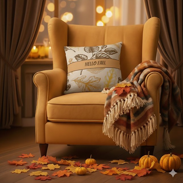 Hello Fall Brown Orange Blätter - Bauernhof Herbst Kissen (Rustic fall décor pillow featuring bold autumn leaves for farmhouse charm.)
