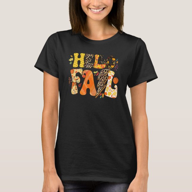 Hello Fall Groovy Pumpkin Blätter Herbst Thanksgiv T-Shirt (Vorderseite)