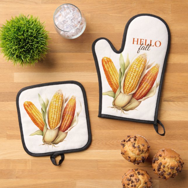 HELLO FALL, OHREN VON CORN, OFENHANDSCHUH & Topflappen-Set (Oben Unten)